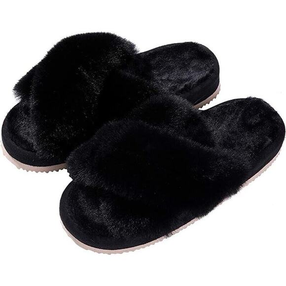 NEW Steve Madden Faux Fur Fuzzy Criss Cross Slip On Slippers Women's 5-6 BLACK - Picture 2 of 9